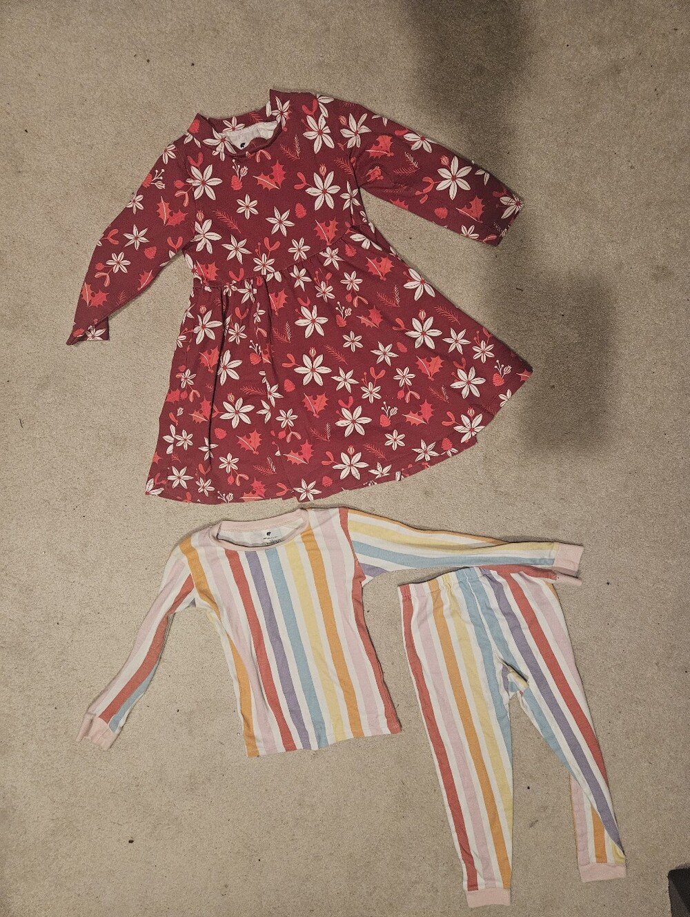 Girls Rainbow Stripe Pajama Set + Red Floral Twrill Dress Monica + Andy 5T